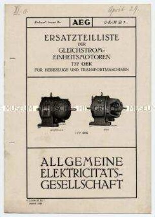 Ersatzteilliste der Gleichstrom-Einheitsmotoren Typ GEK für Hebezeuge und Transportmaschinen