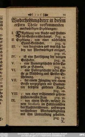 Wiederholung derer in diesem erstern Theile vorkommenden merkwürdigen Erzehlungen: