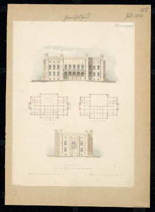 Gericht Monatskonkurrenz Juli 1847: Grundriss Erdgeschoss, Obergeschoss, Aufriss Vorderansicht, Seitenansicht; 2 Maßstabsleisten