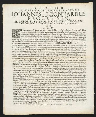 Rector Universitatis Argentoratensis Iohannes Leonhardus Froereisen...