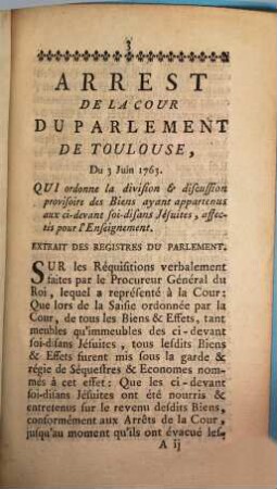 Arrest De La Cour Du Parlement, De Toulouse, Du 3 Juin 1763