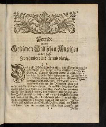 I-XVI, Vorrede zu den Gelehrten Hallischen Anzeigen