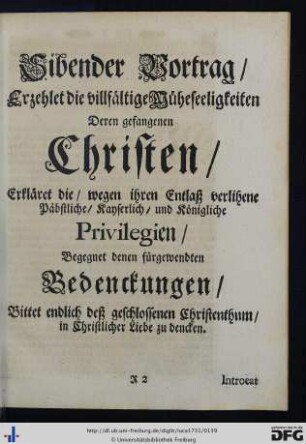 Sibender Vortrag erzehlet die villfältige Müheseeligkeiten deren gefangenen Christen.