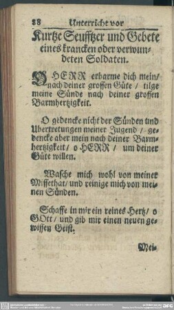 Kurtze Seufftzer und Gebete eines krancken oder Verwundeten Soldaten