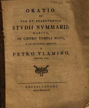 Oratio de usu et praestantia studii nummarii : habita ... MDCCII