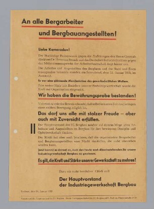 "An alle Bergarbeiter und Bergbauangestellten!"