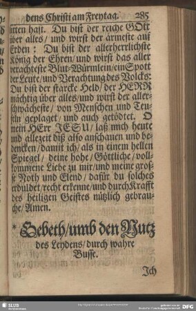 Gebeth, umb den Nutz des Leidens, durch wahre Busse am Freytag