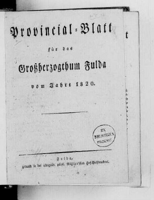 1820: Provinzial-Blatt für das Großherzogthum Fulda