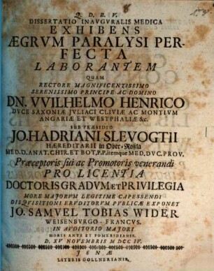 Diss. inaug. med. exhibens aegrum paralysi perfecta laborantem