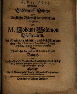 Hertzlicher Gnadenruff Gottes Und ernstlicher Widerruff der Päpstischen Religion