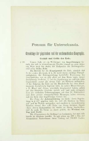Pensum für Untersekunda. Grundzüge der physischen und der mathematischen Geographie
