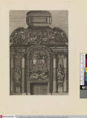 [Kaminentwurf mit einem Reiterstandbild als Aufsatz; Cheminée intégrée dans un ensemble de sculpture et de lambris]