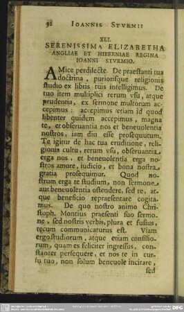 XLI. Serenissima Elizabetha Angliae Et Hiberniae Regina Ioanni Sturmio
