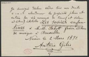 Verlagsschein über "Les soirèes enfantines"