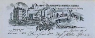 Rechnung der Branntweinbrennerei Wilhelm Jörg jr. mit Firmenansicht Wollhausstraße 46