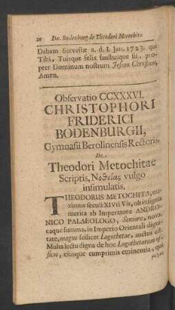 Observatio CCXXXVI. Christophori Friderici Bodenburgii, Gymnasii Berolinensis Rectoris, De Theodori Metochitae ...
