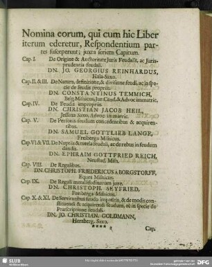 Nomina eorum, qui cum hic Liber iterum ederetur, Respondentium partes susceperunt juxta seriem Capitum