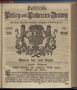 33. Stueck, Montag den 9ten August 1756
