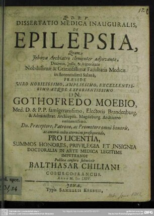 Dissertatio Medica Inauguralis, De Epilepsia