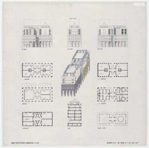 Städtebaulicher Ideenwettbewerb "Fasanenstraße", 2. Stufe, Engerer Bauwettbewerb (nicht realisiert) – Fasanenstraße 76-77: Grundrisse, Ansichten, Isometrische Projektion. Berlin-Charlottenburg/Wilmersdorf, Grolmanstraße 41-43, Kantstraße 155-157, Fasanenstraße 81, Fasanenstraße 76-77, Uhlandstraße 18-19