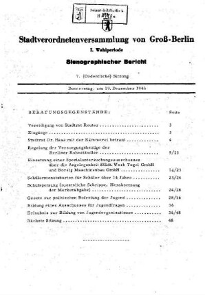 Nr. 7, 19. Dezember 1946, Ordentliche Sitzung