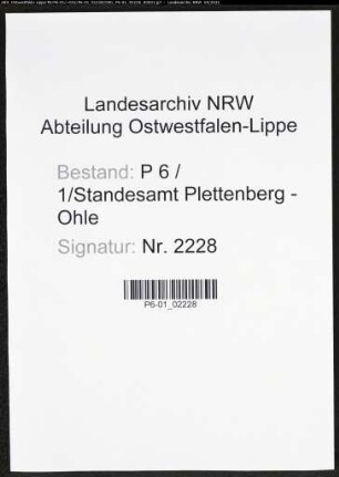 Heiratsregister Standesamt Plettenberg-Ohle