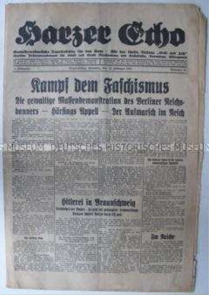 Regionale Tageszeitung der SPD "Harzer Echo" zur antifaschistischen Massenkundgebung des Reichsbanner in Berlin
