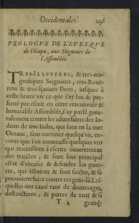 Prologue de l'evesque de Chiapa, aux Siegneurs de l'Assemblée.