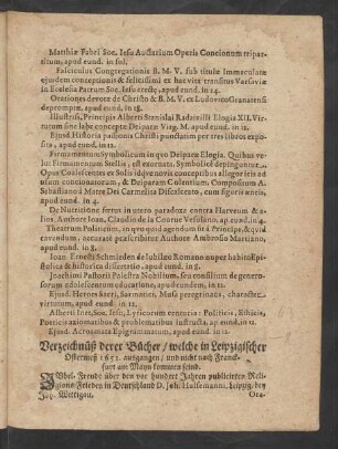 Verzeichnüß derer Bücher/ welche in Leipzigischer Ostermeß 1652. ausgangen/ und nicht nach Franckfurt am Mayn kommen seind.