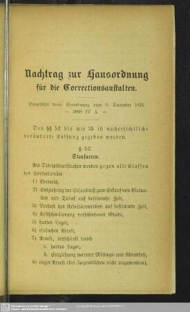 Nachtrag zur Hausordnung für die Correctionsanstalten