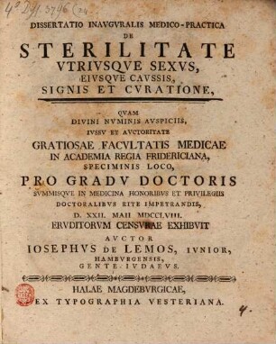 Dissertatio Inavgvralis Medico-Practica De Sterilitate Vtrivsqve Sexvs, Eivsqve Cavssis, Signis Et Cvratione