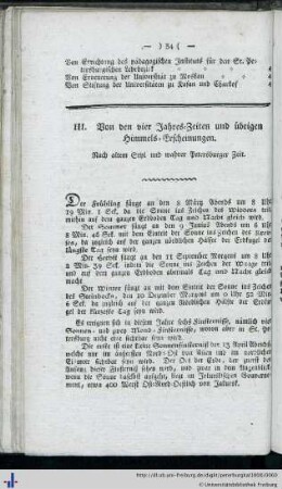 III. Von den vier Jahreszeiten und übrigen Himmels-Erscheinungen.