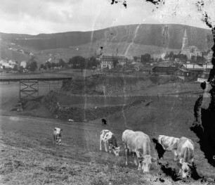 Oberwiesenthal : Oberwiesenthal. Blick von der Weide über den Hüttenbachviadukt auf den Ort