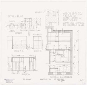Maschinenfabrik Wisch und Co., Berlin-Spandau Erweiterungsbau: Aufteilung bestehender Büroräume: Grundriss, Ansicht A, B, C - 1:50, Detailgrundriss, Detailschnitt 1:1