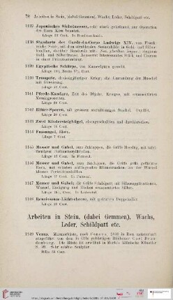 Arbeiten in Stein, (dabei Gemmen), Wachs, Leder, Schildpatt etc. (Nr. 1149-1225)
