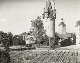Lindau, Diebsturm : Lindau. Diebsturm und Turm der ehemaligen Peterskirche. Ansicht über eine Gärtnerei von Süden