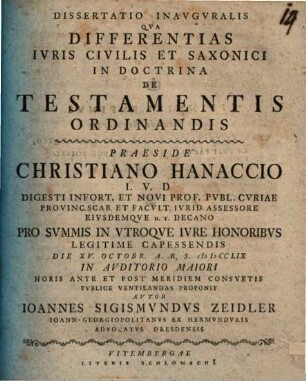 Dissertatio Inauguralis Qua Differentias Iuris Civilis Et Saxonici In Doctrina De Testamentis Ordinandis