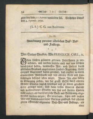 No. IX. Anordnung zweener jährlichen Buß- Bet- und Fasttage