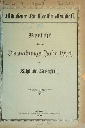 Bericht über das Verwaltungsjahr ... und Mitglieder-Verzeichnis. 1894 (1895)