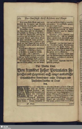 Der Vierdte Titul. Von frembder hoher Potentaten Zusprüchen und Gegenwart/ auch einiger ausländischer Gesandschafften Anwesenheit/
