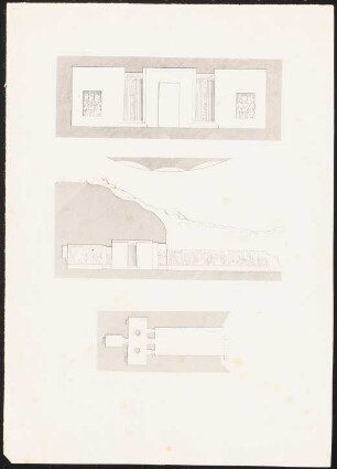Felsentempel in Ägypten: Druck von Inv.Nr. 44898: Grundriss, Längsschnitt, Ansicht Rückwand Säulenkammer mit sitzenden Statuen