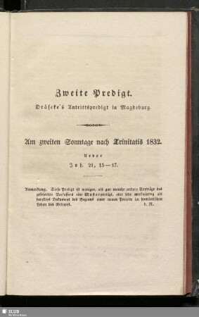 Zweite Predigt. Dräseke´s Antrittspredigt in Magdeburg