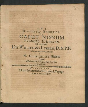 Disputatio Exegetica In Caput Nonum Evangel. D. Johann.