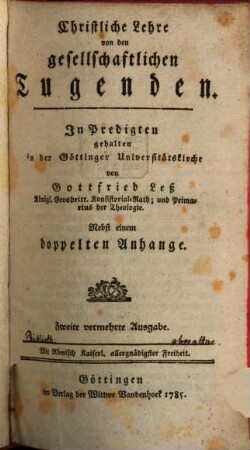 Christliche Lehre von den gesellschaftlichen Tugenden : In Predigten gehalten in der Göttinger Universitätskirche