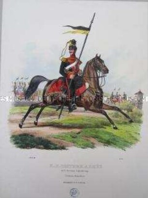 Uniformdarstellung, Gemeiner des Ulanen-Regiments mit Lanzenflagge zu Pferd, Österreich, 1840. Tafel aus: Trentsensky: K.K. Oesterreichische Armée nach der neuen Adjustirung.