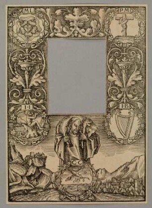 Titeleinfassung mit Christus als guter Hirte sowie den Emblemen und Monogrammen der Reformatoren Luther, Jonas, Melanchthon, Bugenhagen und Cruciger