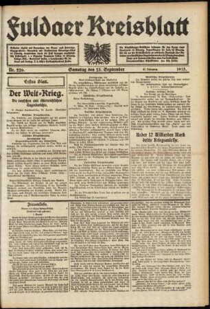 Erste Ausgabe vom Samstag, den 25. September 1915.