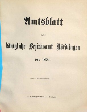 Amtsblatt für das Bezirksamt Nördlingen. 1894