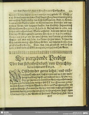 Die vierzehende Predigt Uber das siebende Geboth, von Gerechtigkeit in Leihen und Borgen