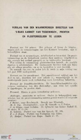 Verslag van den waarnemenden directeur van's Rijks Kabinet van Teekeningen, Prenten en Pleisterbeelden te Leiden